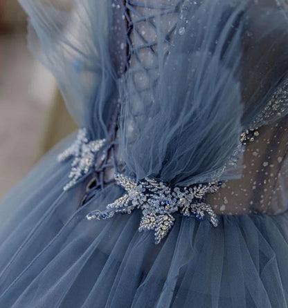 Hermoso vestido de fiesta de tul azul brillante con cuentas, vestido formal escalonado con diamantes de imitación TP01