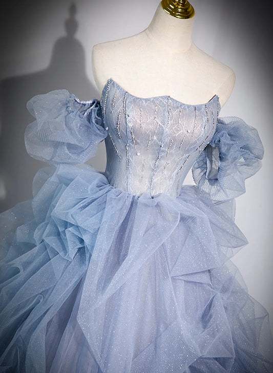 Blue Tulle Beaded Off Shoulder New Style Prom Dress, Blue Evening Dress Formal Dress TP1103
