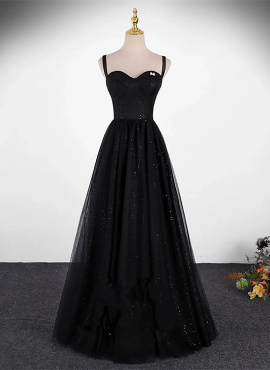 A-line Sweetheart Black Tulle Long Formal Dress, Black Simple Prom Dress TP1104