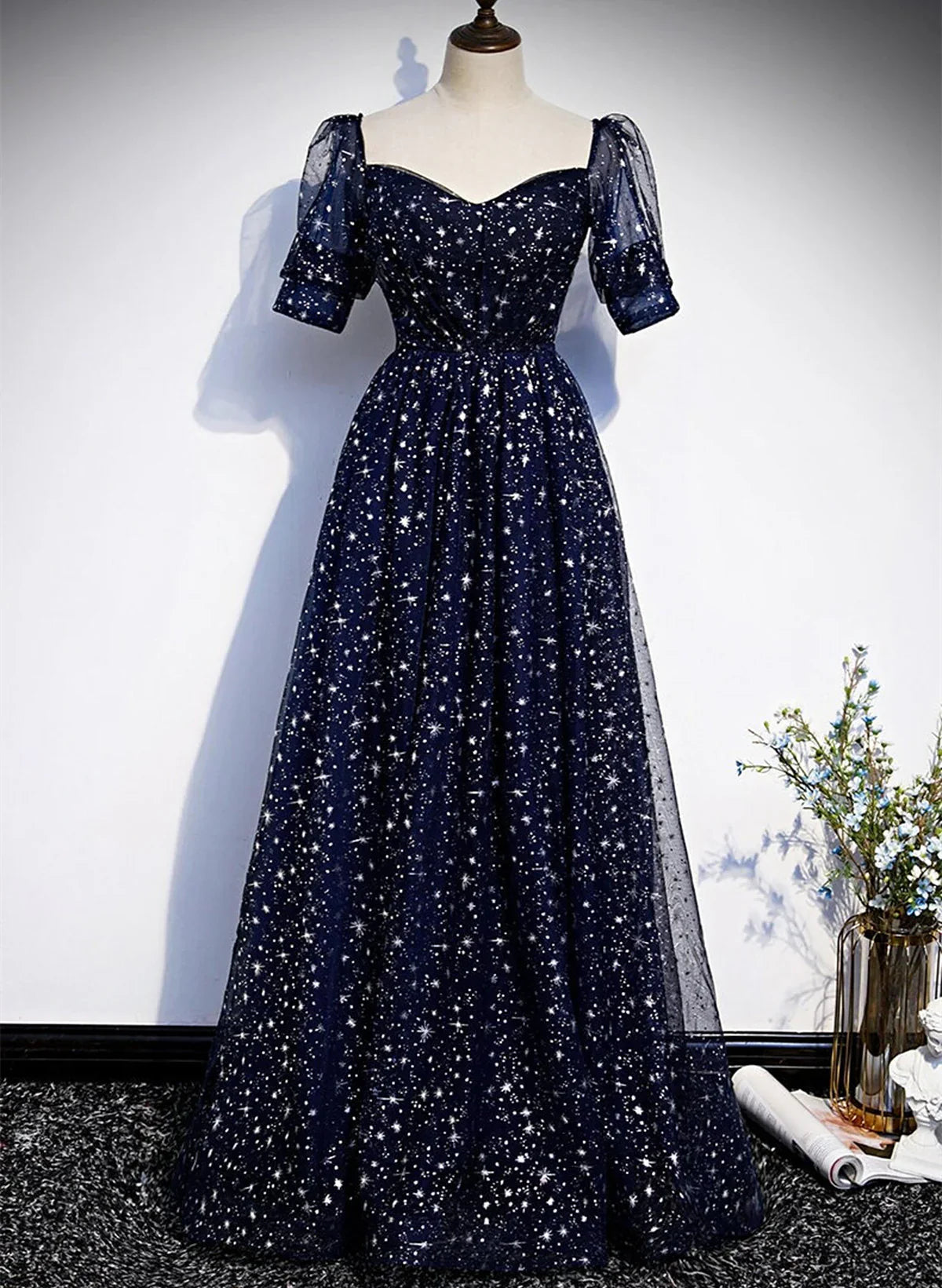 Vestido de fiesta sencillo de tul azul marino, vestido de noche de tul azul marino de corte A TP1105