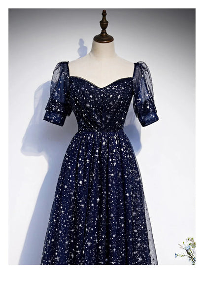 Vestido de fiesta sencillo de tul azul marino, vestido de noche de tul azul marino de corte A TP1105