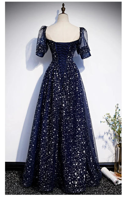 Vestido de fiesta sencillo de tul azul marino, vestido de noche de tul azul marino de corte A TP1105