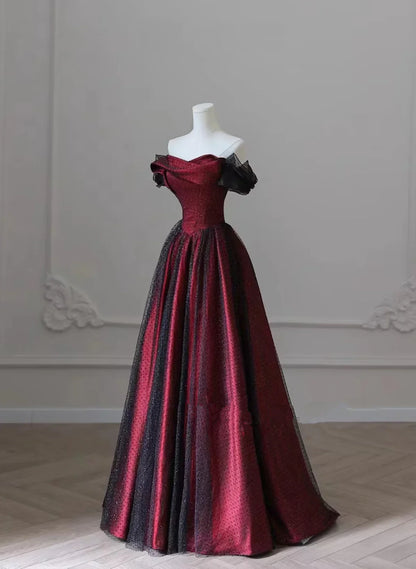 Vestido de fiesta largo negro y rojo, vestido de noche, corte A, hombros descubiertos, TP1106