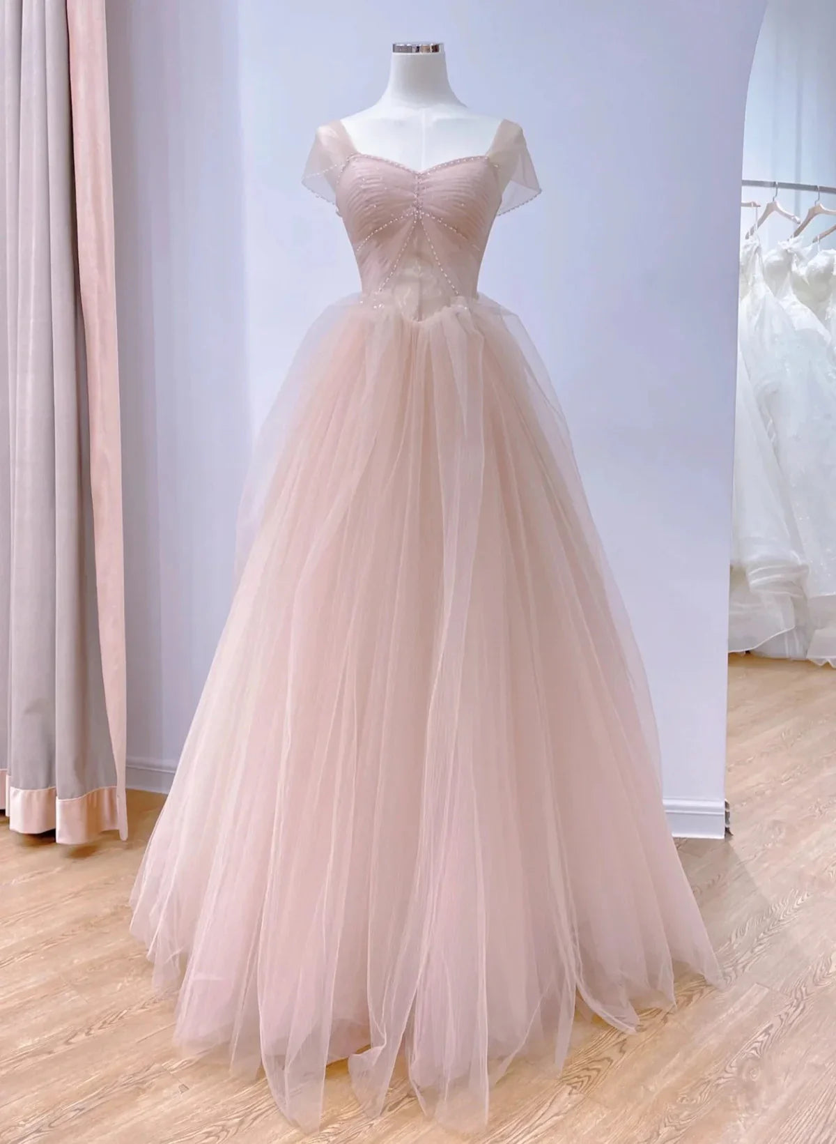 Vestido de noche largo de tul rosa con mangas cortas y corte A, vestido de fiesta de tul rosa TP1108