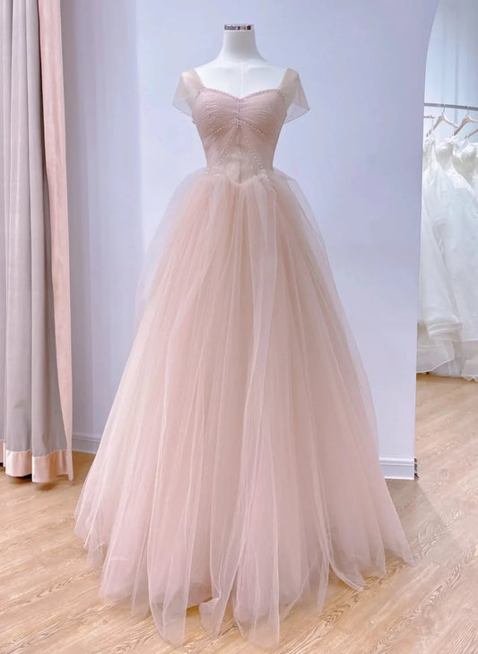 Vestido de noche largo de tul rosa con mangas cortas y corte A, vestido de fiesta de tul rosa TP1108