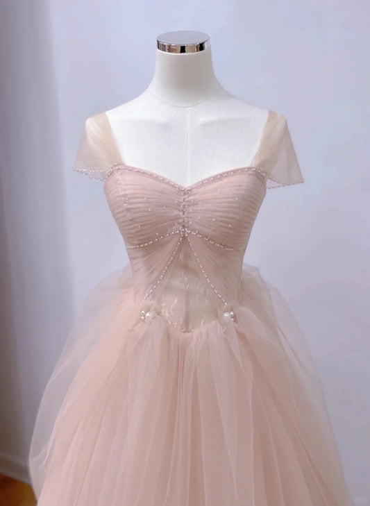 Vestido de noche largo de tul rosa con mangas cortas y corte A, vestido de fiesta de tul rosa TP1108