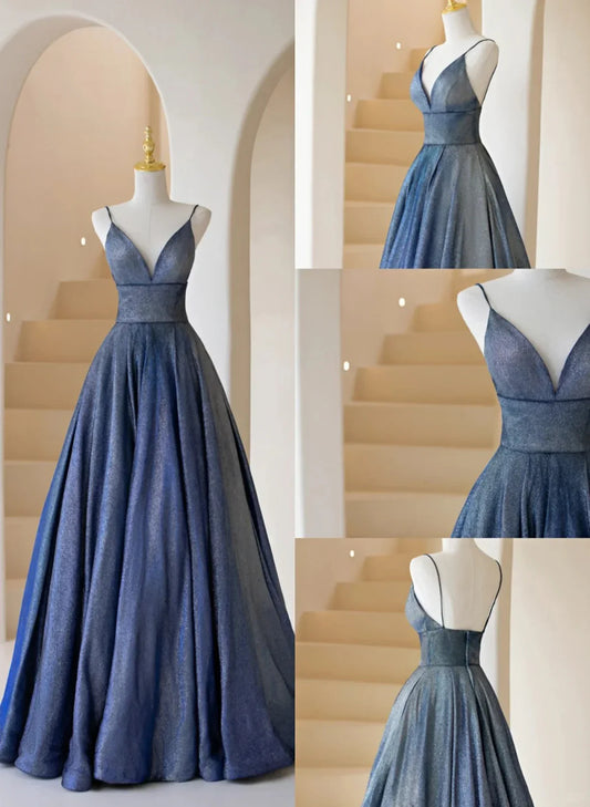 A-line Blue Straps V-neckline Long Prom Dress, Blue A-line Evening Dress TP1109