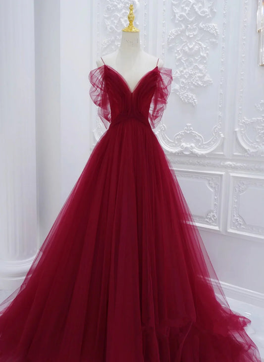 Vestido formal rojo de tul con hombros descubiertos, corte A, vestido de noche largo de tul rojo, vestido de fiesta TP1110