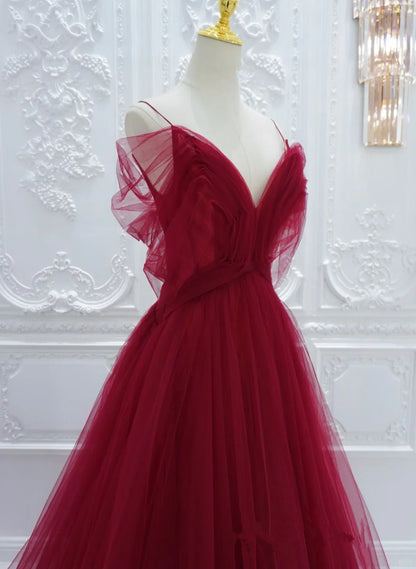 Vestido formal rojo de tul con hombros descubiertos, corte A, vestido de noche largo de tul rojo, vestido de fiesta TP1110