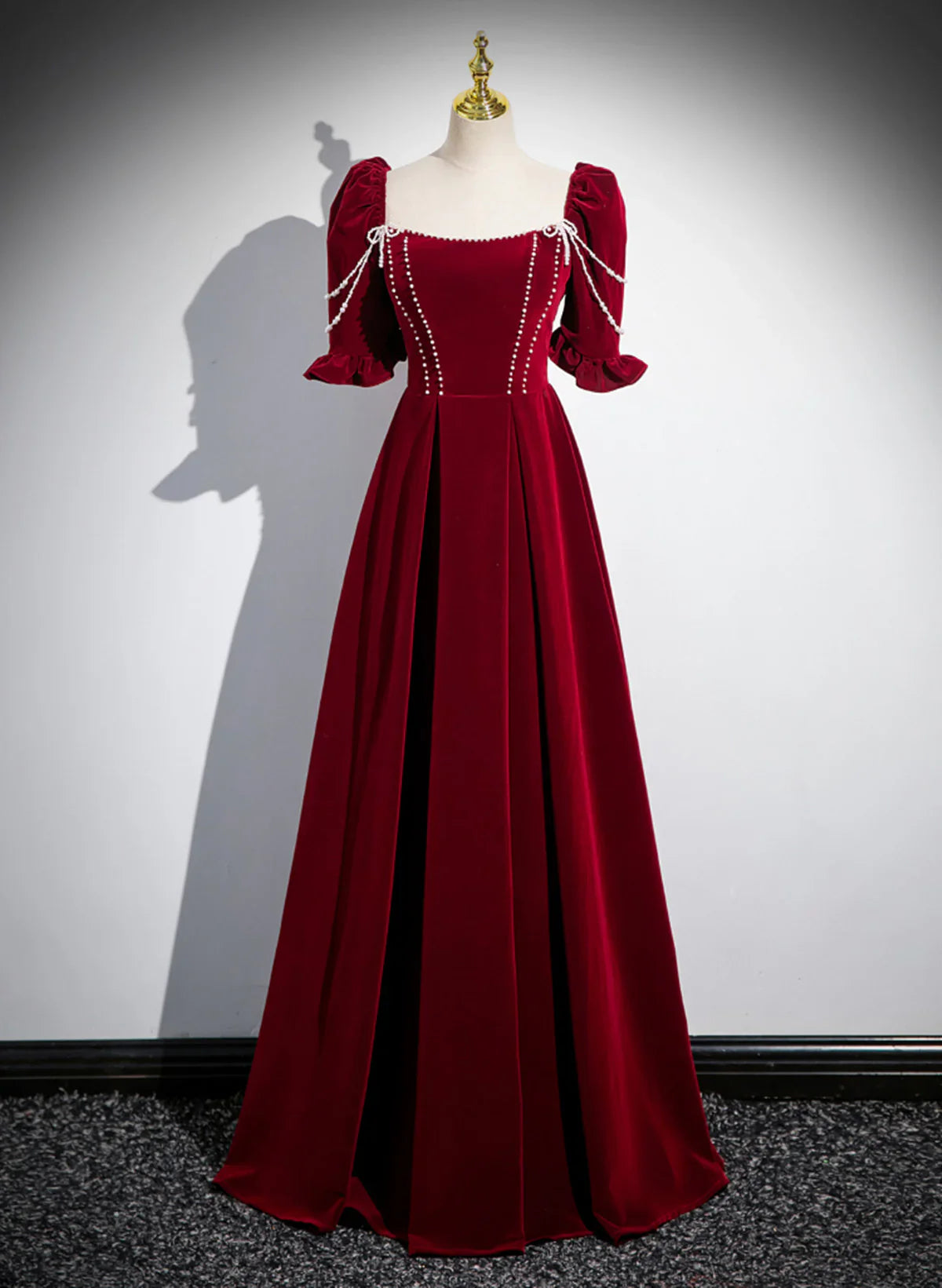 Vestido largo de dama de honor de terciopelo rojo vino con corte en A, vestido de fiesta largo rojo vino TP1111