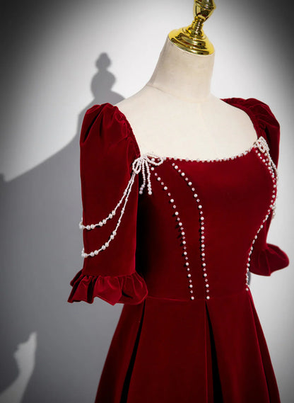Vestido largo de dama de honor de terciopelo rojo vino con corte en A, vestido de fiesta largo rojo vino TP1111