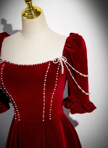 Vestido largo de dama de honor de terciopelo rojo vino con corte en A, vestido de fiesta largo rojo vino TP1111
