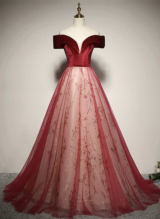 Vestido formal largo de tul rojo con hombros descubiertos y corte A, vestido de fiesta de tul rojo TP1112