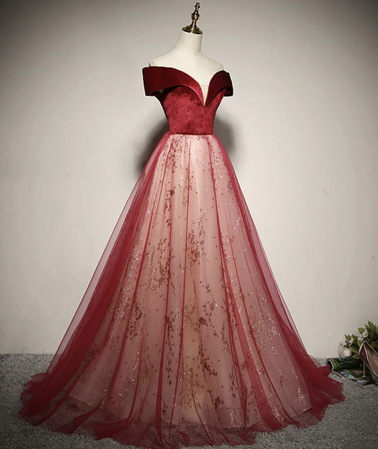Vestido formal largo de tul rojo con hombros descubiertos y corte A, vestido de fiesta de tul rojo TP1112