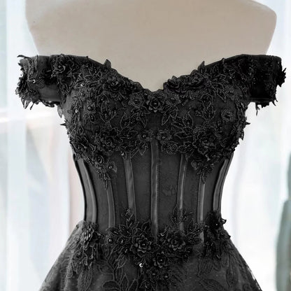 A-line Black Off Shoulder Long Lace Party Dress, Off Shoulder Prom Dress TP1116