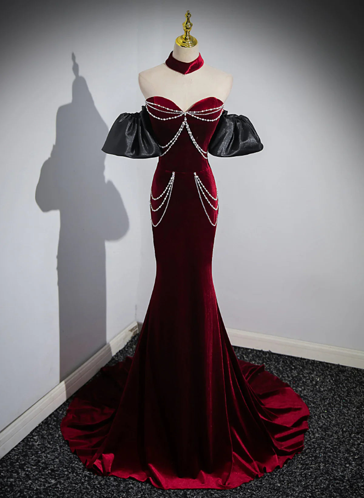 Off Shoulder Wine Red Mermaid Long Party Dress, Wine Red Velvet Prom Dress TP1119