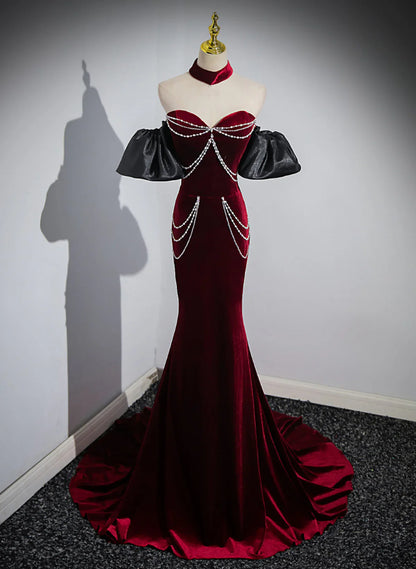 Off Shoulder Wine Red Mermaid Long Party Dress, Wine Red Velvet Prom Dress TP1119