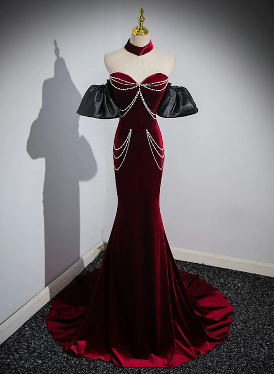 Off Shoulder Wine Red Mermaid Long Party Dress, Wine Red Velvet Prom Dress TP1119