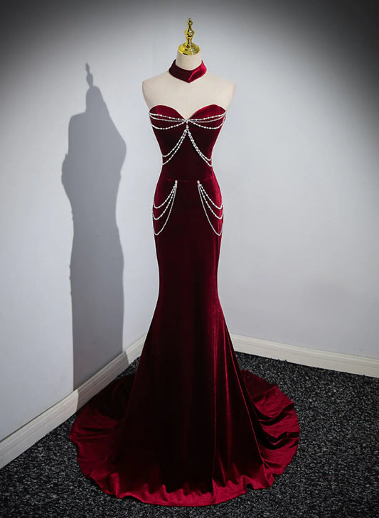 Off Shoulder Wine Red Mermaid Long Party Dress, Wine Red Velvet Prom Dress TP1119