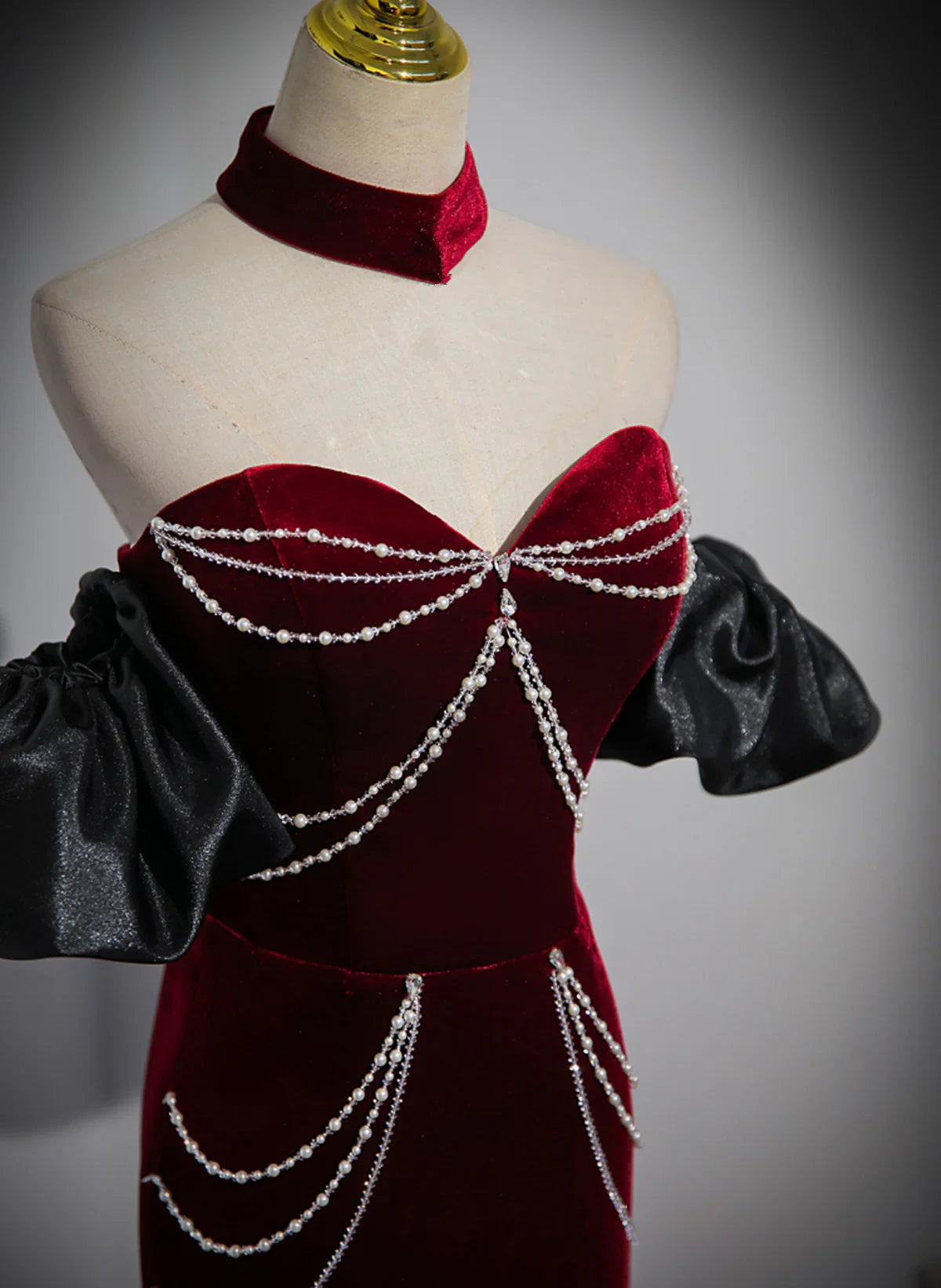 Off Shoulder Wine Red Mermaid Long Party Dress, Wine Red Velvet Prom Dress TP1119