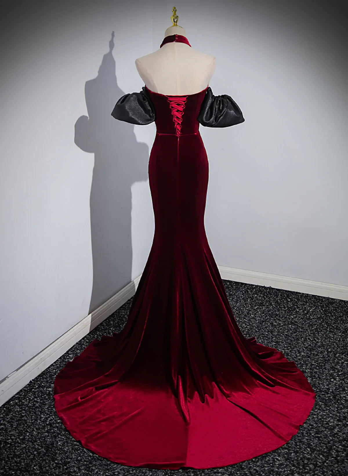 Off Shoulder Wine Red Mermaid Long Party Dress, Wine Red Velvet Prom Dress TP1119