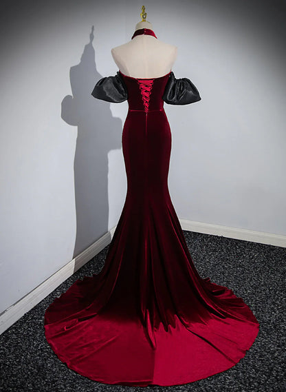 Off Shoulder Wine Red Mermaid Long Party Dress, Wine Red Velvet Prom Dress TP1119