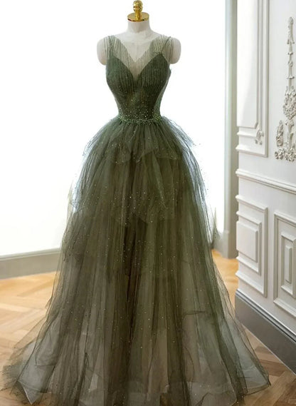 Green Tulle Beaded Straps Long Evening Dress, Green Tulle Prom Dress Party Dress TP1120