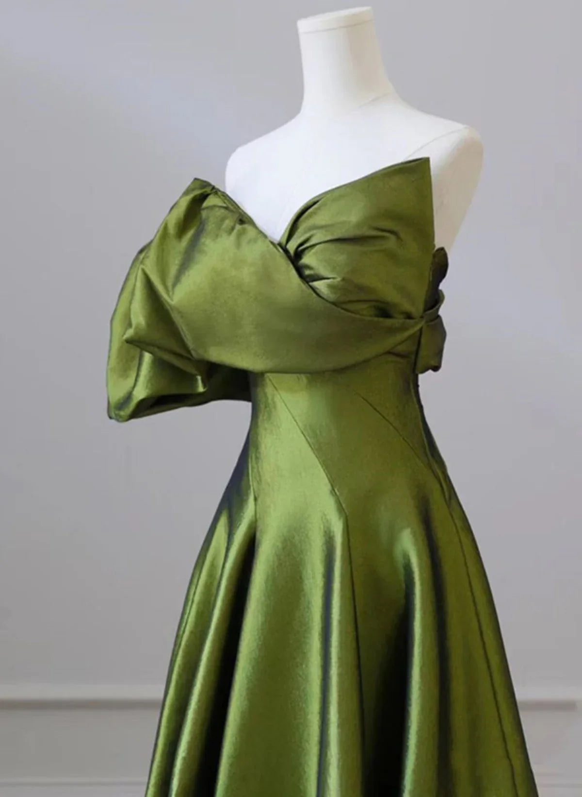 Green One-Shoulder Short Sleeves Backless Sweep Train Prom Dress, Green Party Dress TP1122
