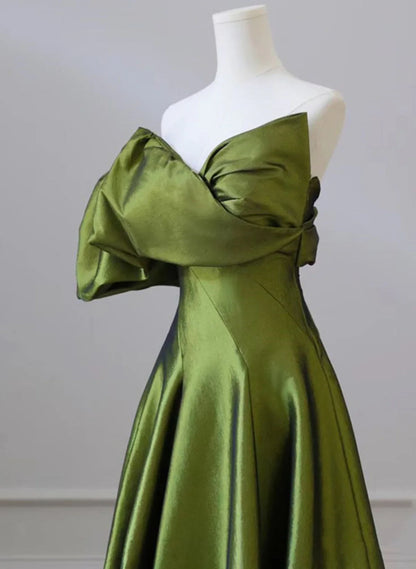 Green One-Shoulder Short Sleeves Backless Sweep Train Prom Dress, Green Party Dress TP1122