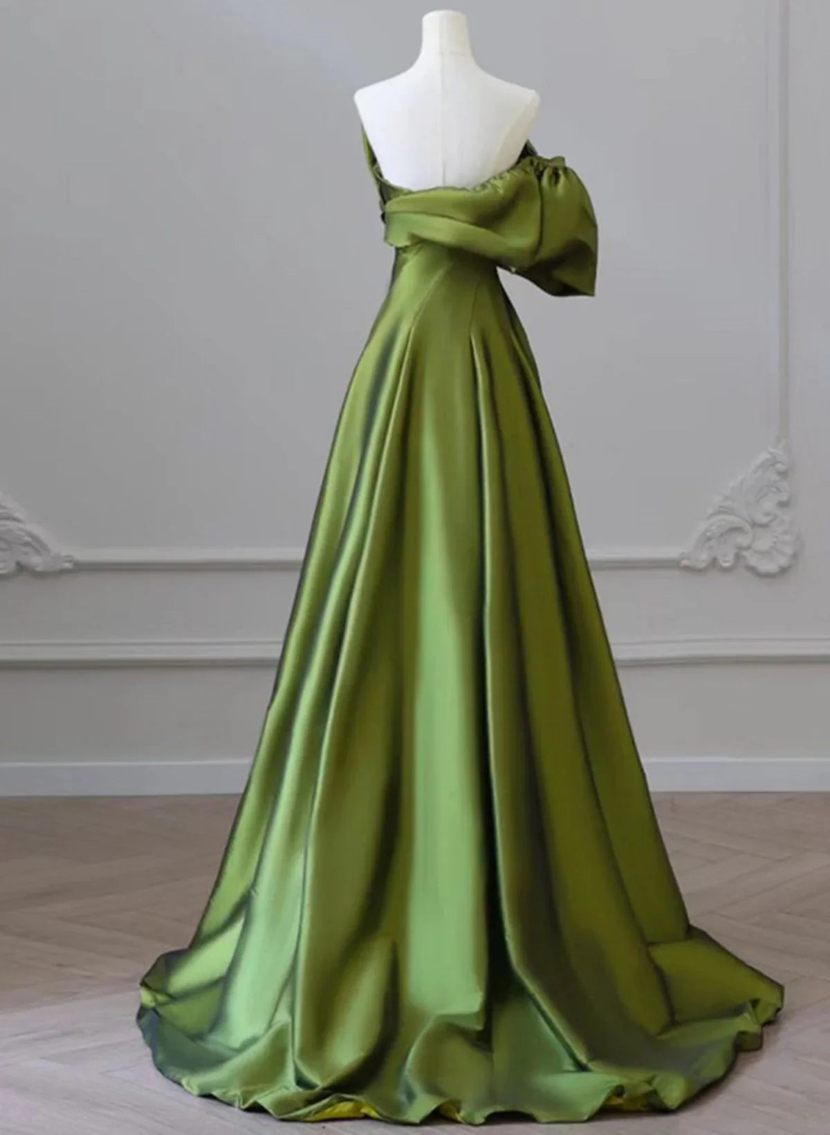 Green One-Shoulder Short Sleeves Backless Sweep Train Prom Dress, Green Party Dress TP1122