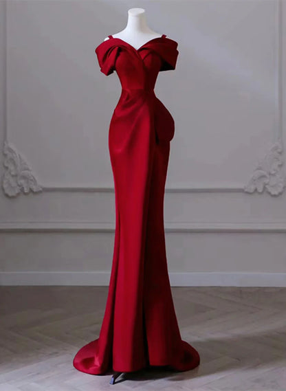 Vestido de noche largo de satén rojo vino con hombros descubiertos, vestido formal rojo vino, vestido de fiesta TP1123