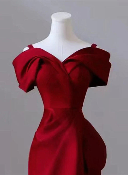 Vestido de noche largo de satén rojo vino con hombros descubiertos, vestido formal rojo vino, vestido de fiesta TP1123