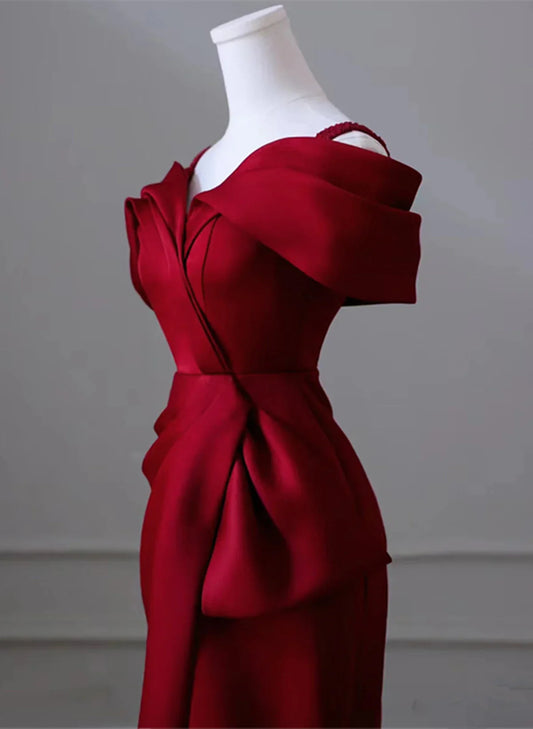 Vestido de noche largo de satén rojo vino con hombros descubiertos, vestido formal rojo vino, vestido de fiesta TP1123