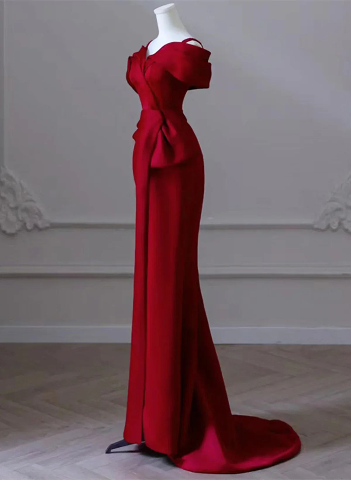 Vestido de noche largo de satén rojo vino con hombros descubiertos, vestido formal rojo vino, vestido de fiesta TP1123