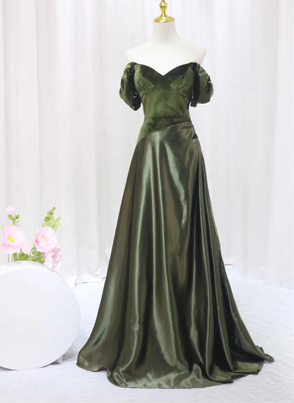 Green Velvet and Satin Off Shoulder Long Party Dress, Green Evening Dress Prom Dress TP1124