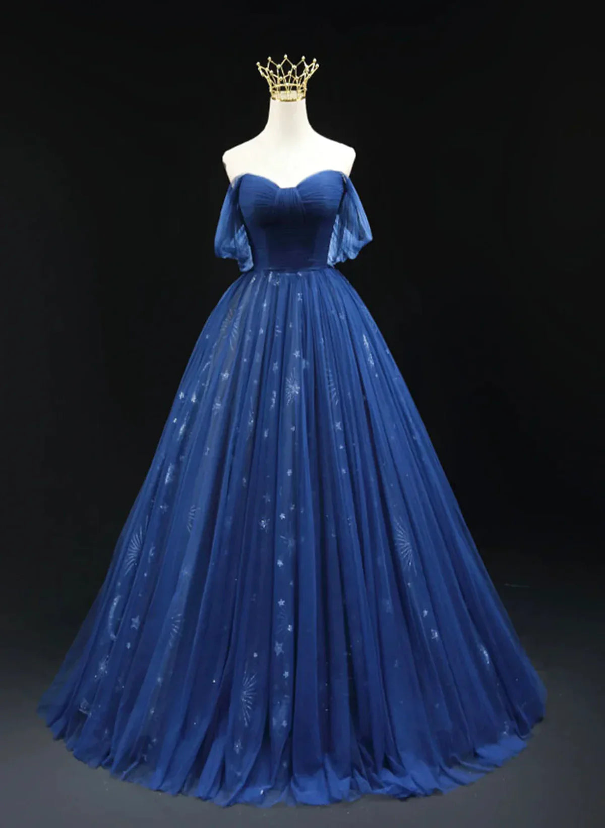 Vestido largo formal de tul azul marino con escote en forma de corazón, corte A, vestido de noche azul marino, vestido de fiesta TP1125