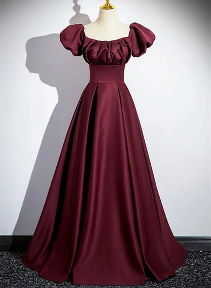 Vestido de fiesta sencillo de satén rojo vino con corte en A y hombros descubiertos, vestido de noche rojo vino TP1126