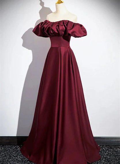 Vestido de fiesta sencillo de satén rojo vino con corte en A y hombros descubiertos, vestido de noche rojo vino TP1126