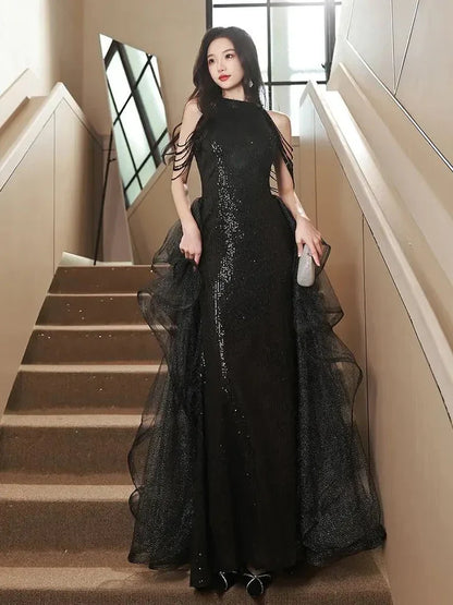 A-line Sequins with Tulle Wine Red Long Party Dress, Wine Red Halter Prom Dress TP1132