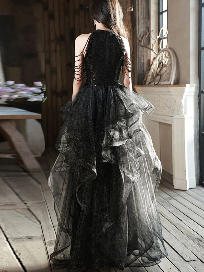 A-line Sequins with Tulle Wine Red Long Party Dress, Wine Red Halter Prom Dress TP1132