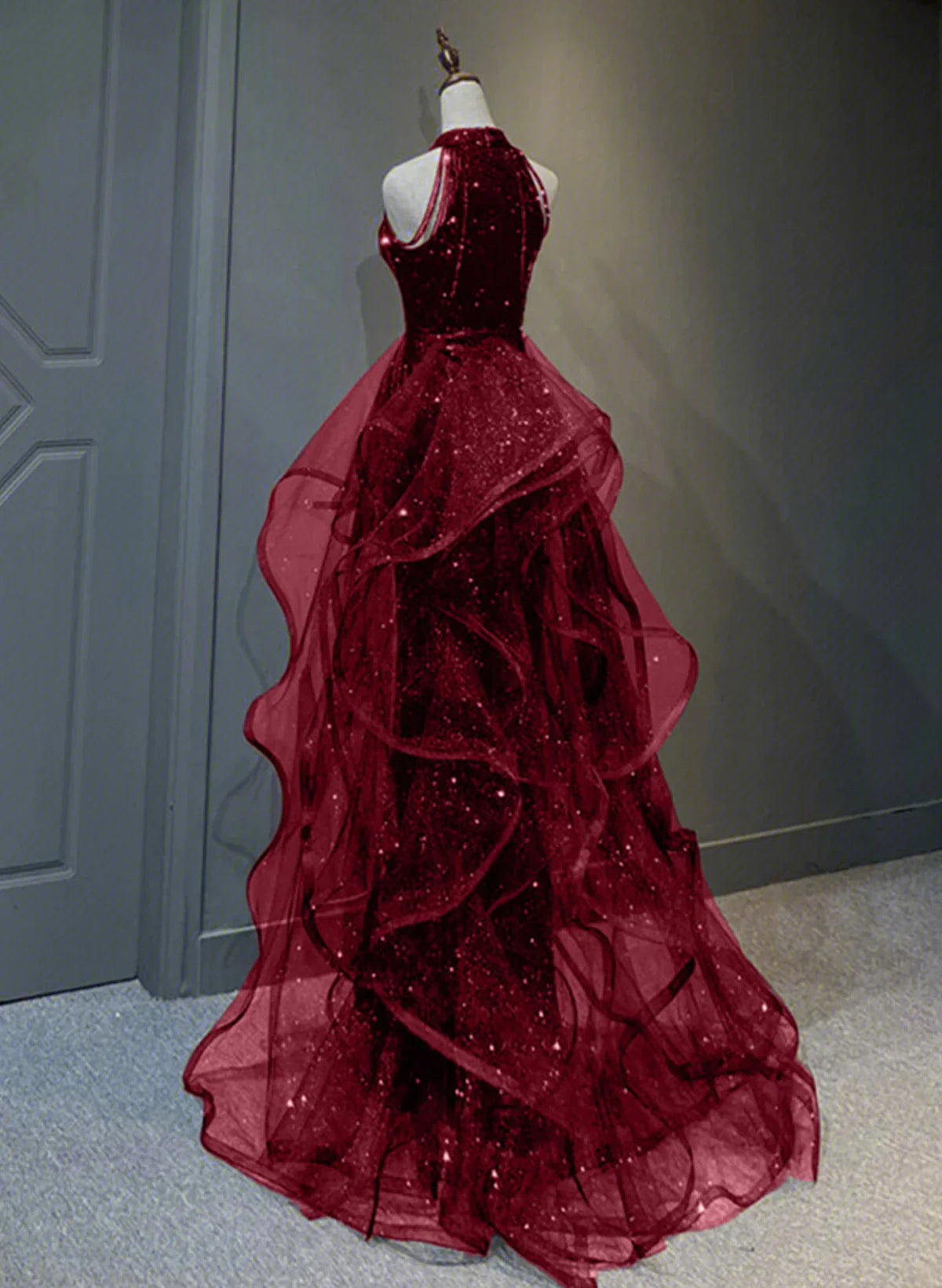 A-line Sequins with Tulle Wine Red Long Party Dress, Wine Red Halter Prom Dress TP1132