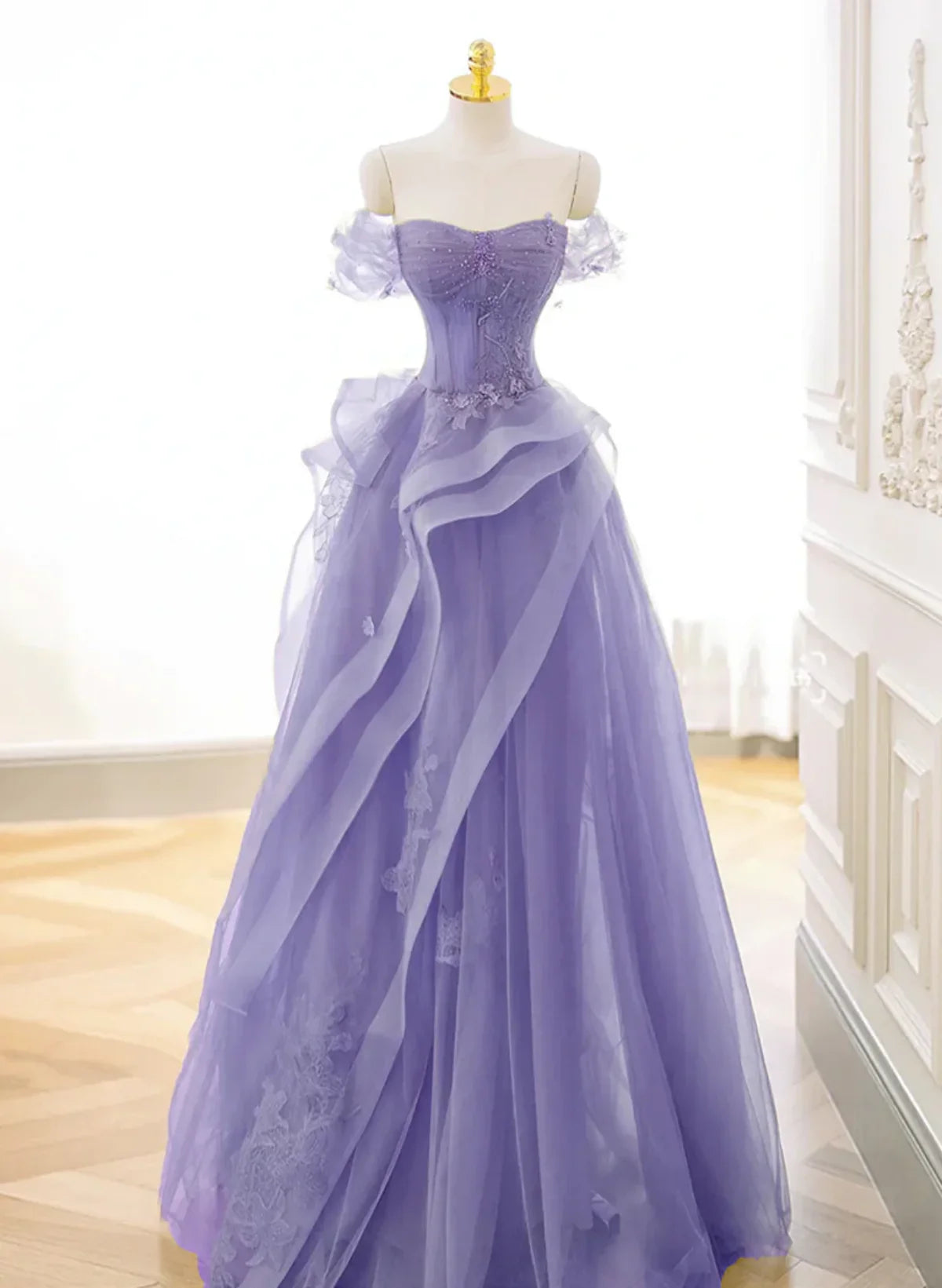 Vestido de fiesta largo morado de tul con escote en A y hombros descubiertos, vestido de noche morado de encaje TP1133