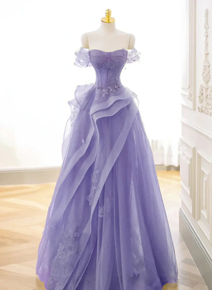 Vestido de fiesta largo morado de tul con escote en A y hombros descubiertos, vestido de noche morado de encaje TP1133