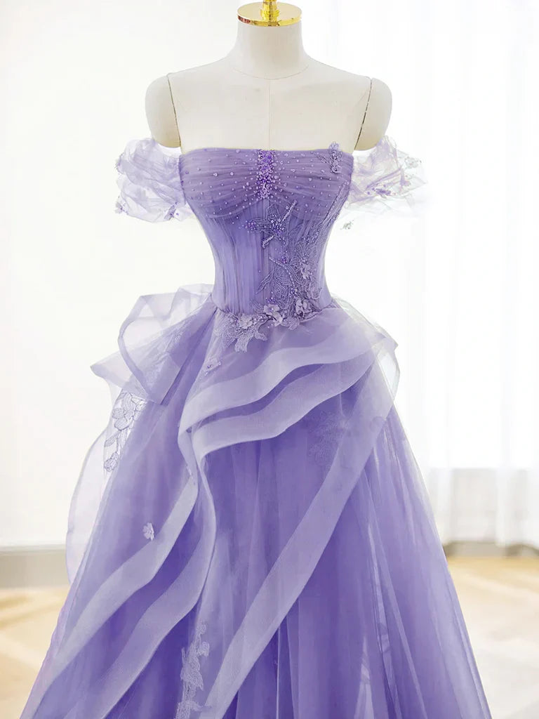 Vestido de fiesta largo morado de tul con escote en A y hombros descubiertos, vestido de noche morado de encaje TP1133