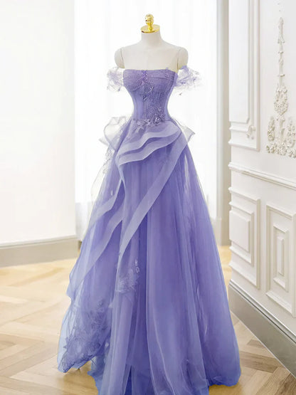 Vestido de fiesta largo morado de tul con escote en A y hombros descubiertos, vestido de noche morado de encaje TP1133