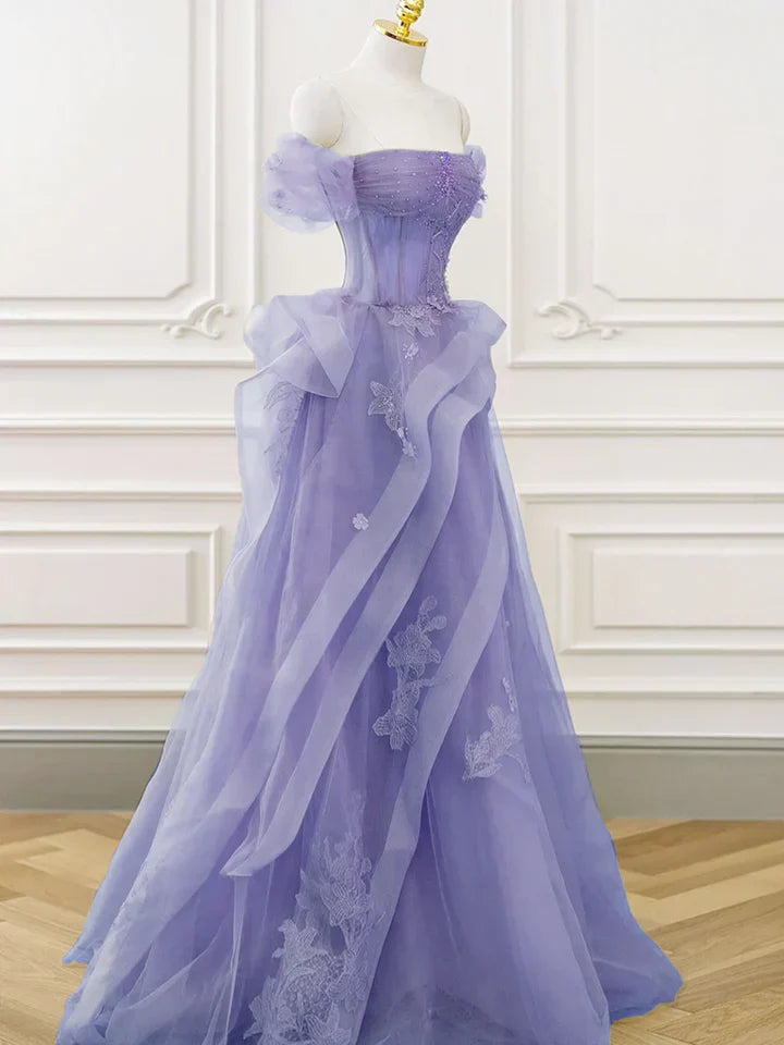 Vestido de fiesta largo morado de tul con escote en A y hombros descubiertos, vestido de noche morado de encaje TP1133