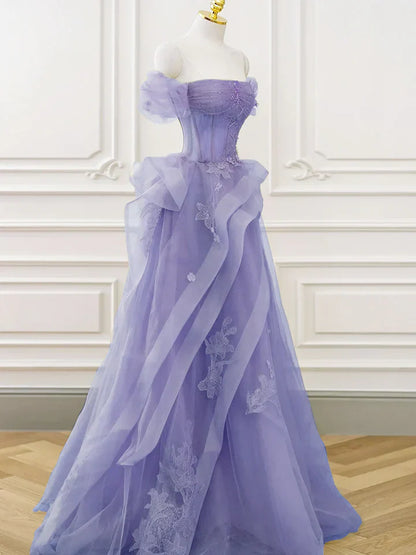 Vestido de fiesta largo morado de tul con escote en A y hombros descubiertos, vestido de noche morado de encaje TP1133