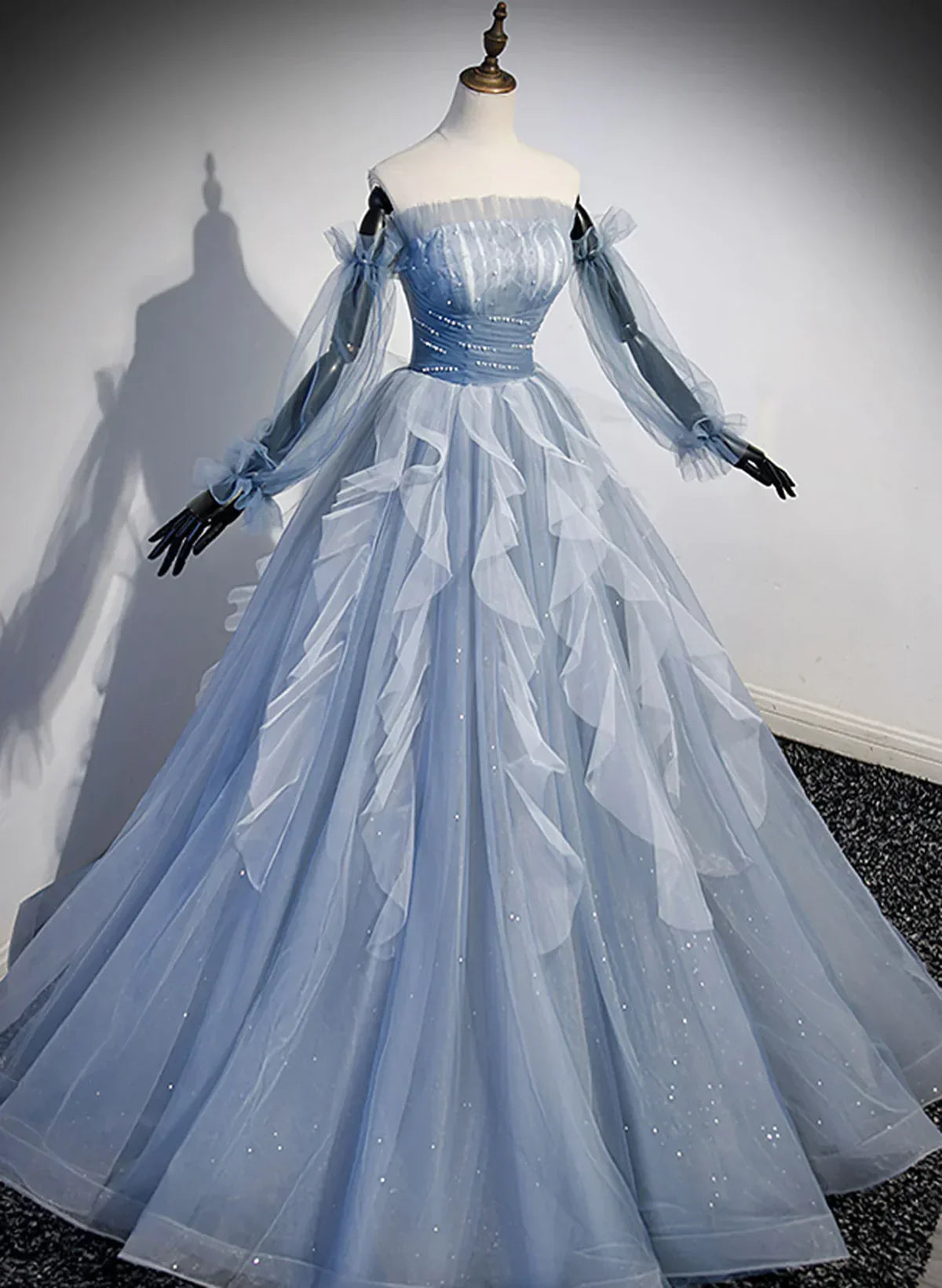Vestido de fiesta azul de manga larga con cuentas, vestido de fiesta azul para quinceañeras TP1134
