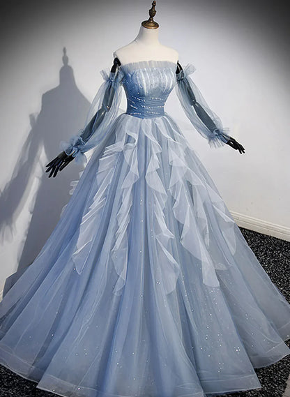 Vestido de fiesta azul de manga larga con cuentas, vestido de fiesta azul para quinceañeras TP1134