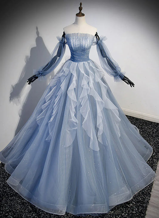Vestido de fiesta azul de manga larga con cuentas, vestido de fiesta azul para quinceañeras TP1134
